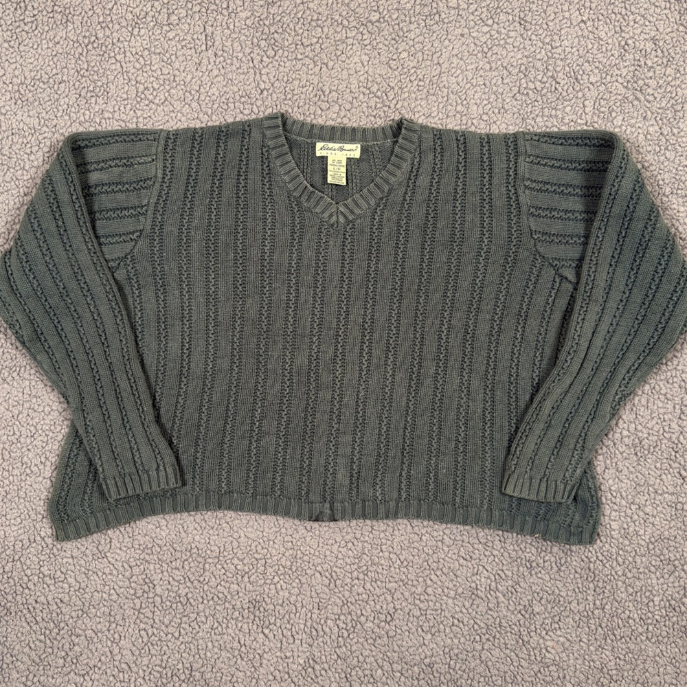 Vintage Eddie Bauer V-Neck Sweater Womens L Cotton Knit Ribbed Green Made in UK